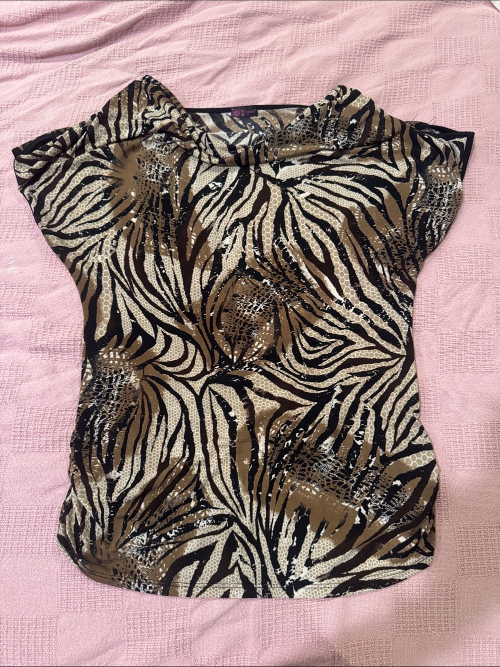 Agenda Brown and Black Animal Print Short Sleeve Blouse